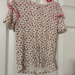 Cream Floral Ribbed Short-Sleeve Top